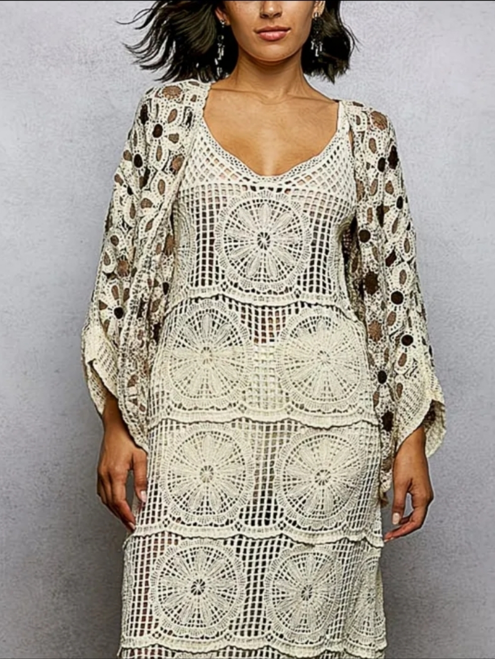 NS73. POL Bohemian Crochet Floral Oversized Cardigan
